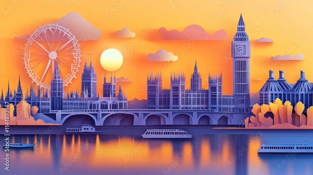 Naklejka premium A creative paper-cutting style illustration of London famous landmarks, showcasing the city's beauty in a unique and artistic format