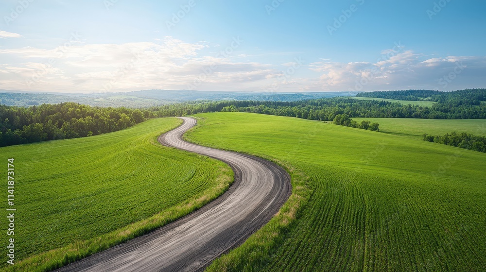 Scenic Winding Road Through Lush Green Fields Scenic Winding Road Through Lush Green Fields