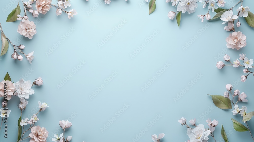 Floral Frame on Soft Blue Background for Spring Themes Floral Frame on Soft Blue Background for Spring Themes
