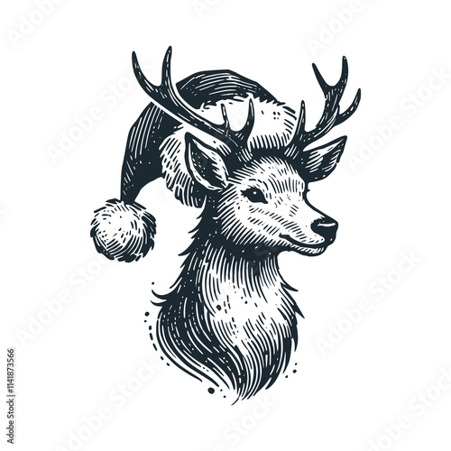 The deer wear a hat. Black white logo icon vector isolated. 