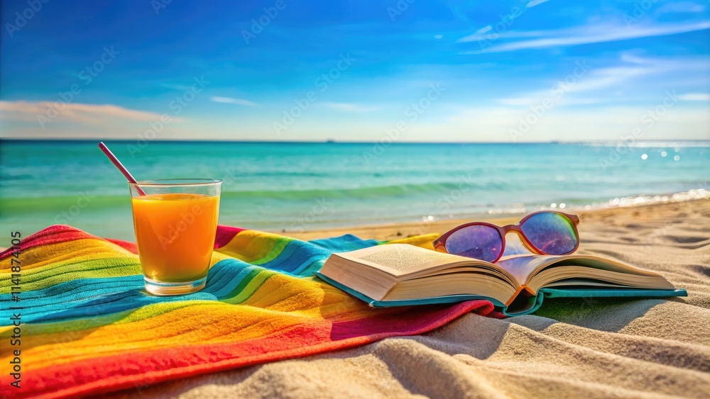 Sun-drenched towel, open book, cool drink – pure beachside bliss. Sun-drenched towel, open book, cool drink – pure beachside bliss.