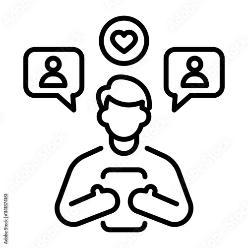 A linear icon of a person using social media 