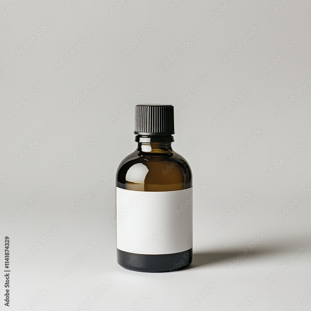 Minimalist Brown Glass Bottle With White Label On Neutral Background Minimalist Brown Glass Bottle With White Label On Neutral Background