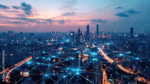 Nighttime cityscape with luminous connectivity depicting urban life and technology in action
