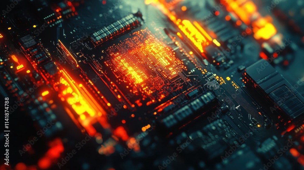 Close-up of a glowing circuit board with intricate patterns and glowing elements creating a sci-fi aesthetic