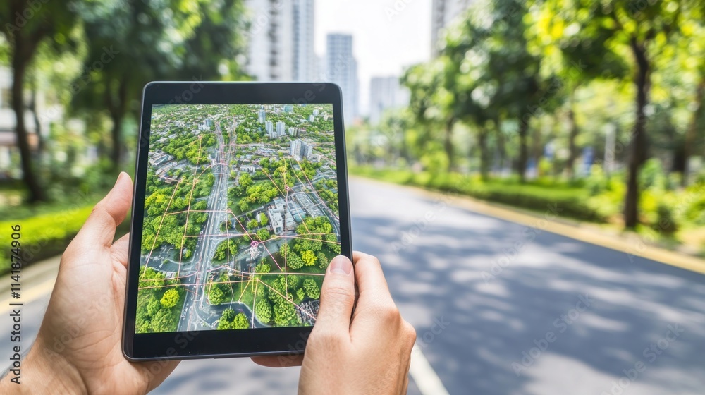 Person holding a tablet displaying a map of a city with roads.