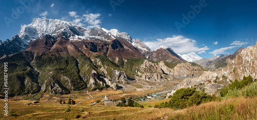 Scenic panoramic view of snow mountains and forests of famous Annapurna range...