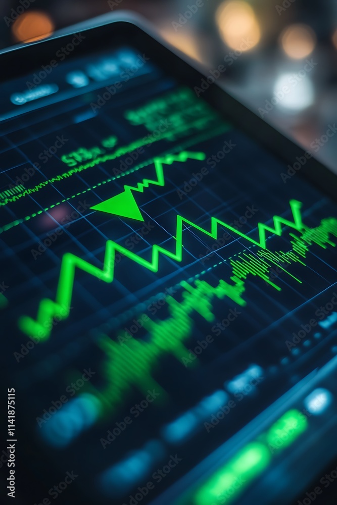 Stock market price surge with green arrows and financial charts on tablet Stock market price surge with green arrows and financial charts on tablet