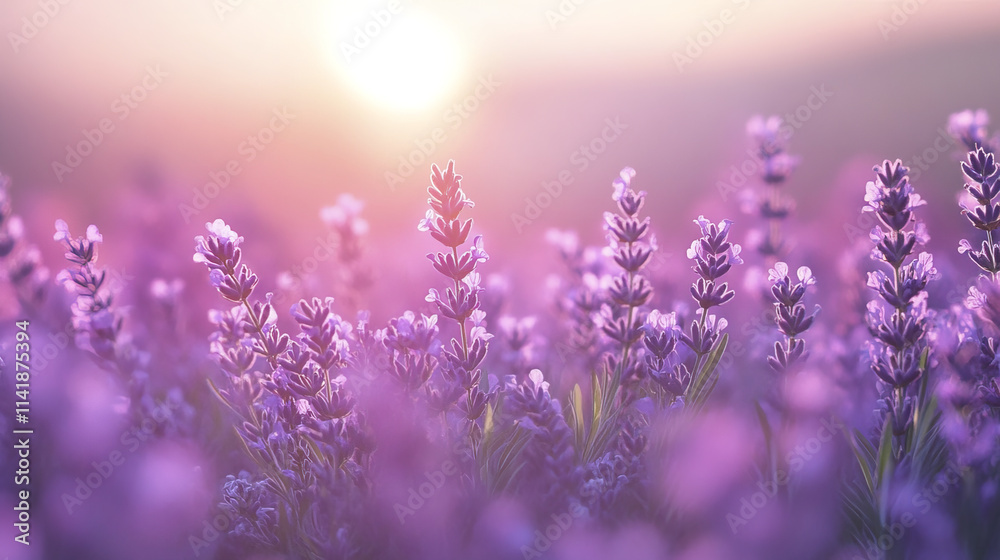 Naklejka premium Lavender flowers in soft gradient of purple hues at sunset