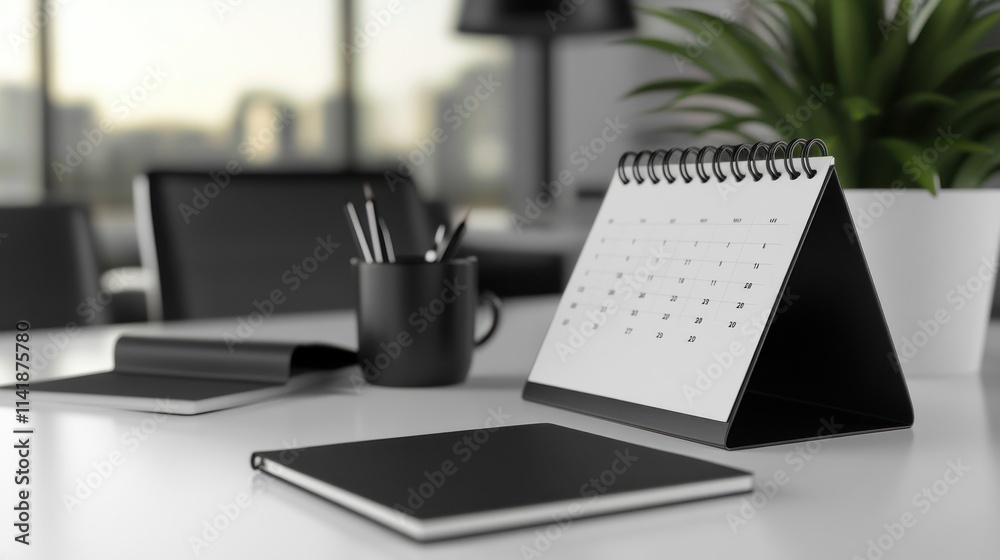 Modern office desk with calendar, notepad, and supplies. Modern office desk with calendar, notepad, and supplies.