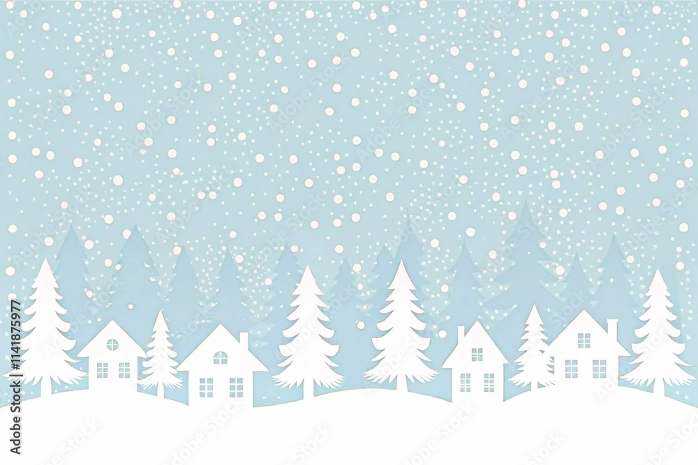 Fototapeta premium Winter background. Christmas village. Seamless border. Fairy tale winter landscape. White houses, fir trees on light blue background. Vector illustration