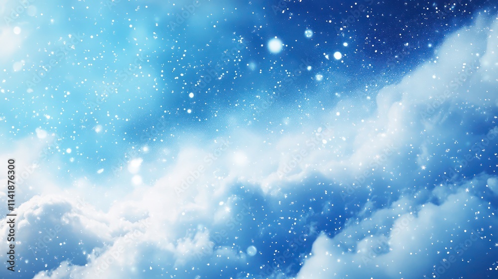 Night sky filled with soft clouds and snowflakes. A beautiful winter scene with soft glowing light. Night sky filled with soft clouds and snowflakes. A beautiful winter scene with soft glowing light.