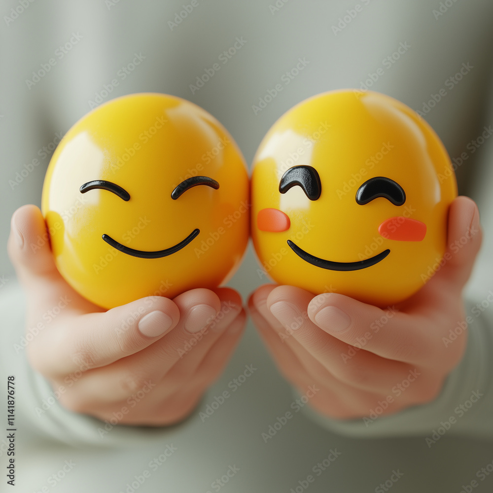 Two smiling faces are being held by a person, with one of the faces having a heart on it. Concept of happiness and warmth, as if the person is holding the faces as a symbol of love or friendship Two smiling faces are being held by a person, with one of the faces having a heart on it. Concept of happiness and warmth, as if the person is holding the faces as a symbol of love or friendship