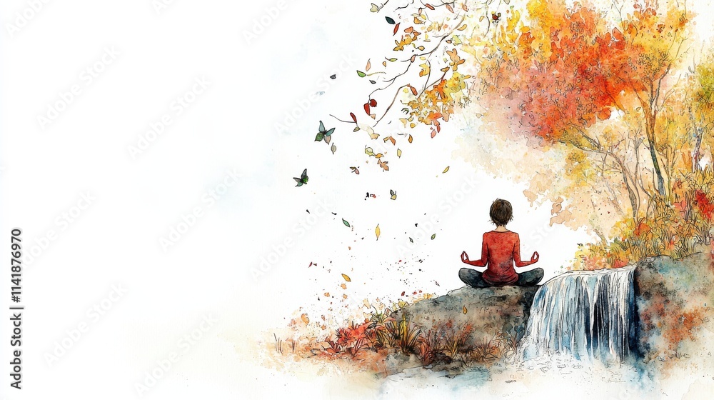 Obraz premium A serene scene of meditation amidst vibrant autumn leaves. Happy Sunday Life Concept.