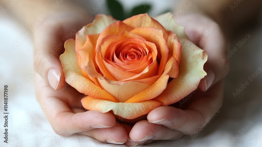 delicate hands cradling a beautiful orange rose delicate hands cradling a beautiful orange rose