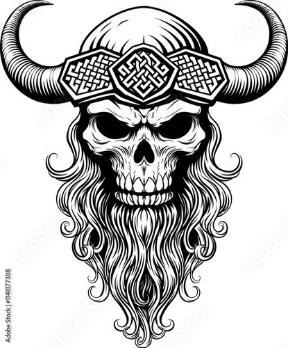 A Viking skull skeleton warrior or barbarian gladiator man mascot face looking strong wearing a helmet. In a retro vintage woodcut style.