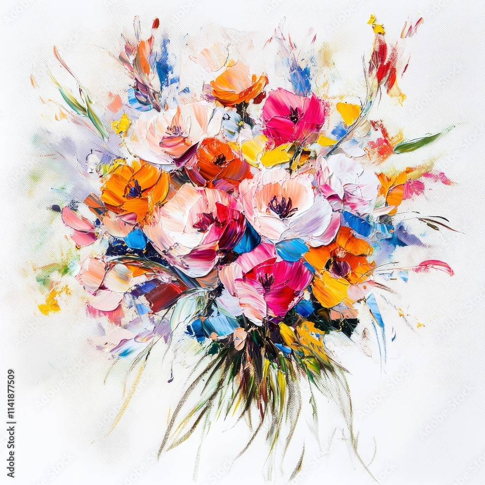 Fototapeta premium Oil painting of beautiful flower bouquet impressionism style, accented brush strokes and paint blobs