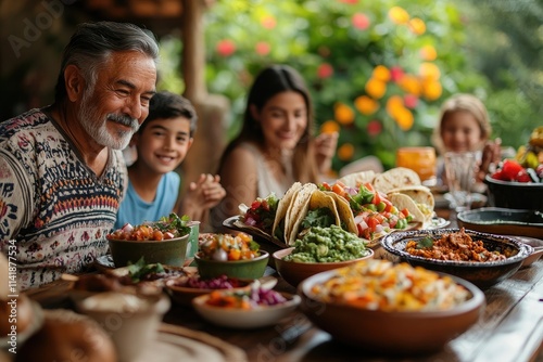 Family enjoying outdoor meal with colorful dishes