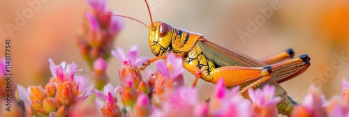 Vibrant orange grasshopper perched on pink flowers.