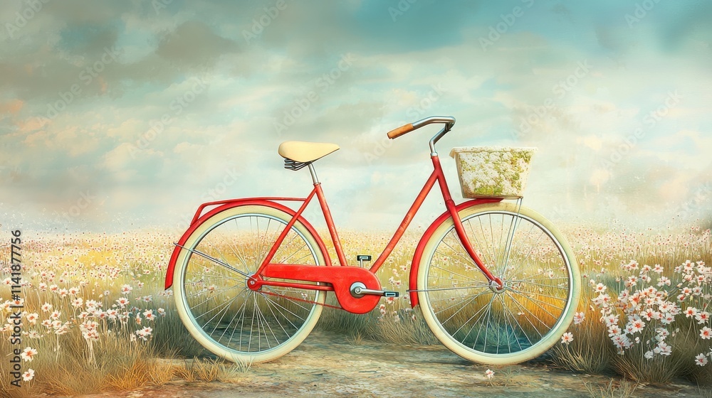 Fototapeta premium A vintage red bicycle parked near blooming wildflowers. Happy Sunday Life Concept.