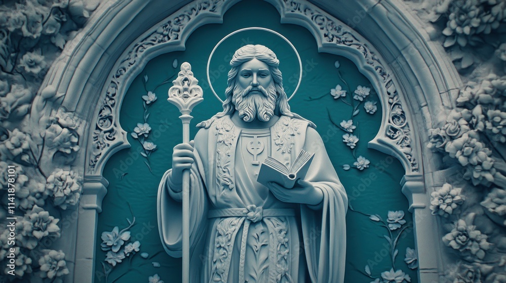 Fototapeta premium Ornate stone carving of a religious figure, holding a staff and book, within an arched niche, detailed with floral patterns and teal background.
