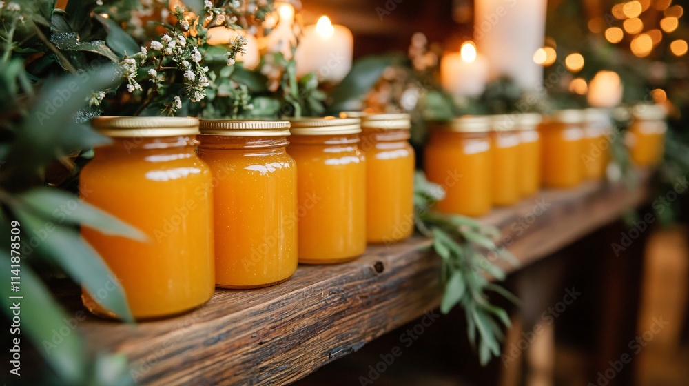 Orange marmalade jars lined up on a rustic wooden shelf, surrounded by greenery and soft candlelight Orange marmalade jars lined up on a rustic wooden shelf, surrounded by greenery and soft candlelight