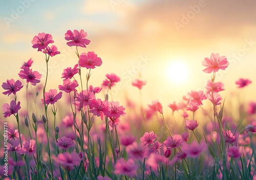 Pink Flowers Blooming in a Sunset Meadow