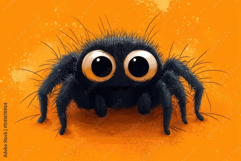 Cute furry spider smiling on orange background