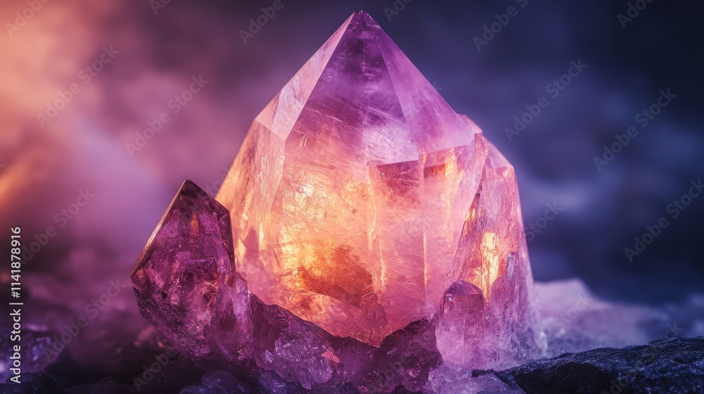 Stunning purple crystal shines under soft light creating an enchanting atmosphere in a dimly lit space Stunning purple crystal shines under soft light creating an enchanting atmosphere in a dimly lit space