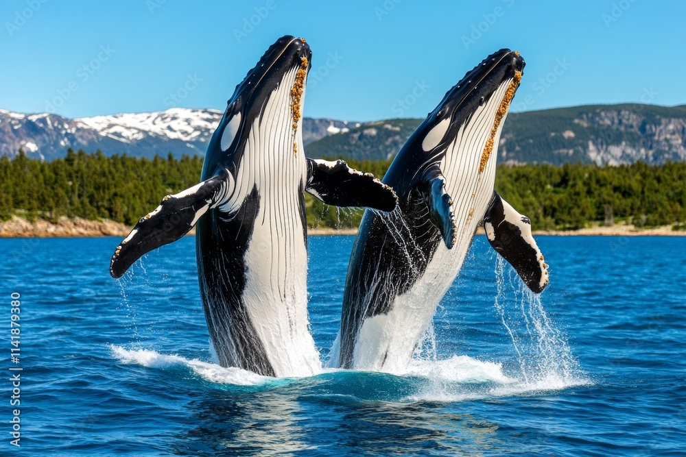 Obraz premium A pair of whales breaching in the middle of a fjord, with splashes of water catching the sunlight