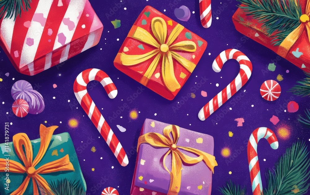 Fototapeta premium A colorful festive design with oversized candy canes, wrapped gifts, and sparkling glitter on a bold purple background