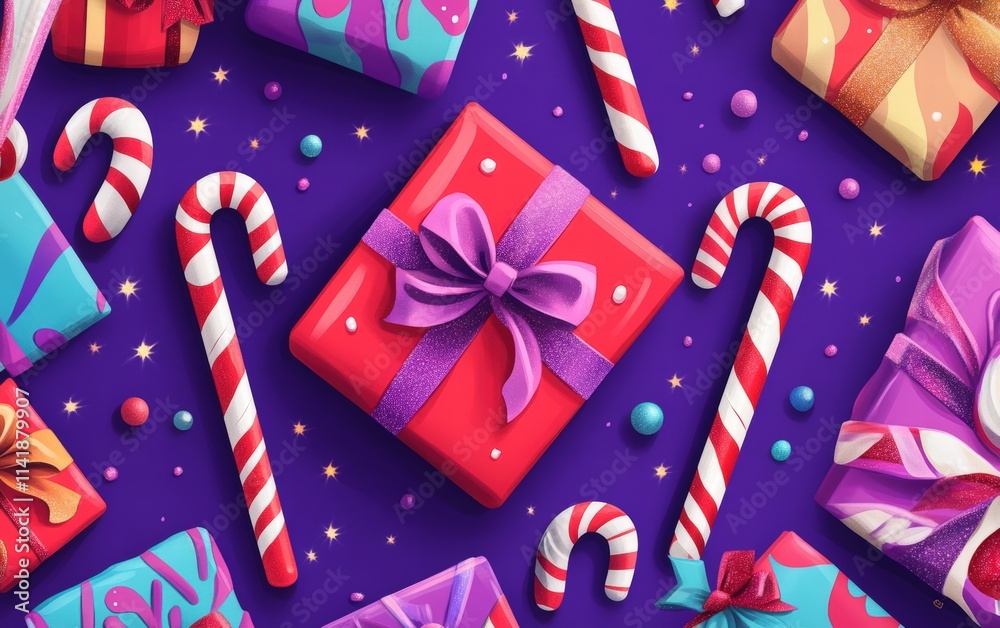 Fototapeta premium A colorful festive design with oversized candy canes, wrapped gifts, and sparkling glitter on a bold purple background