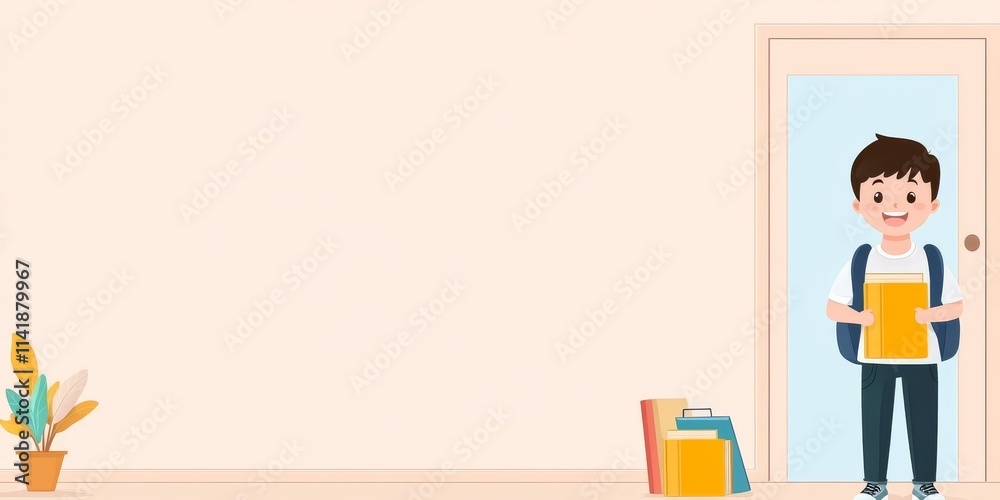 Young caucasian boy holding book standing by door in room with books and plant