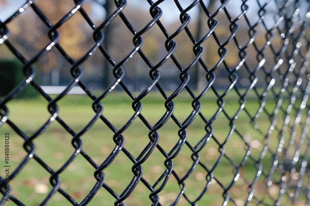 Fototapeta premium Chain link fence protecting green park area during sunny day