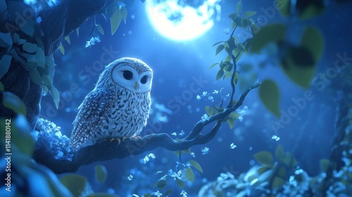 A snowy owl perched on a blossoming branch under a full moon at night. photo