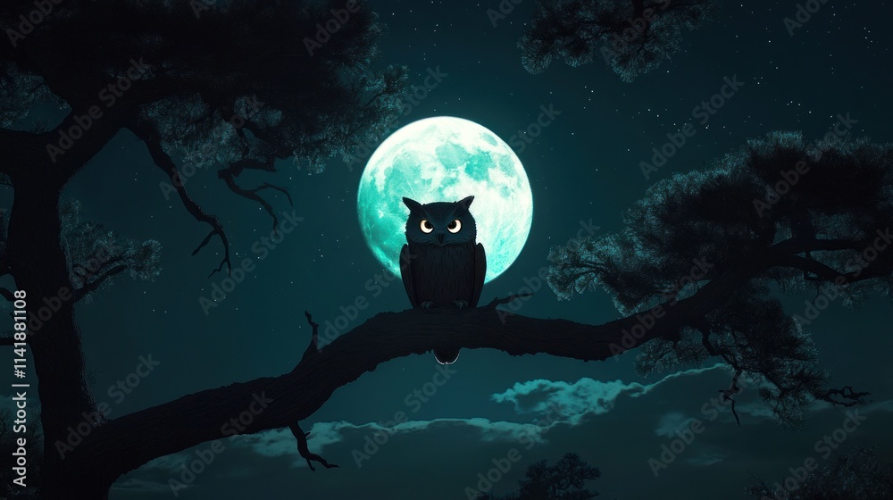 Owl perched on branch at night under a full moon. Silhouettes of trees and clouds in the background. Owl perched on branch at night under a full moon. Silhouettes of trees and clouds in the background.