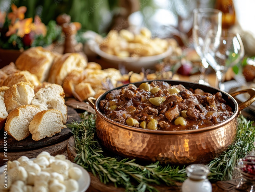 Fototapeta premium Hungarian Goulash Delight Rustic Kitchen Food Photography Cozy Atmosphere Close-Up Culinary Tradition
