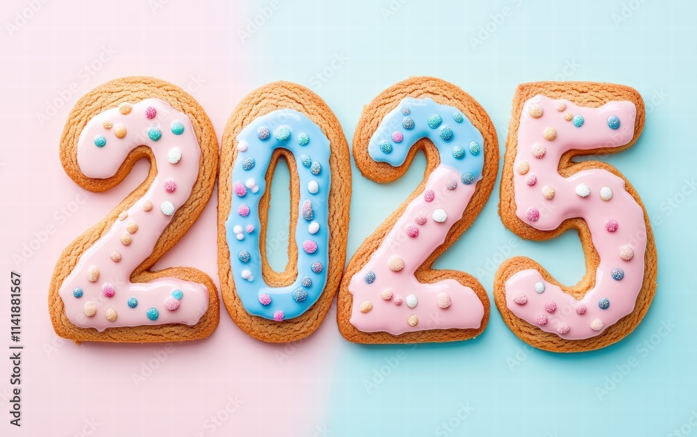 Fototapeta premium A creative 2025 design made of edible gingerbread cookie letters decorated with colorful icing on a pastel background