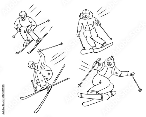 Skiers performing alpine skiing stunts in action packed doodle illustrations. Vector winter sport outline drawing on white background. Perfect for coloring pages