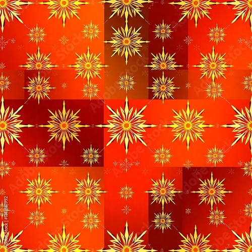 Red and Gold Geometric Pattern: A vibrant, dynamic design with a geometric pattern of red and gold snowflakes on a red background. Perfect for adding a touch of warmth and elegance to any project. 