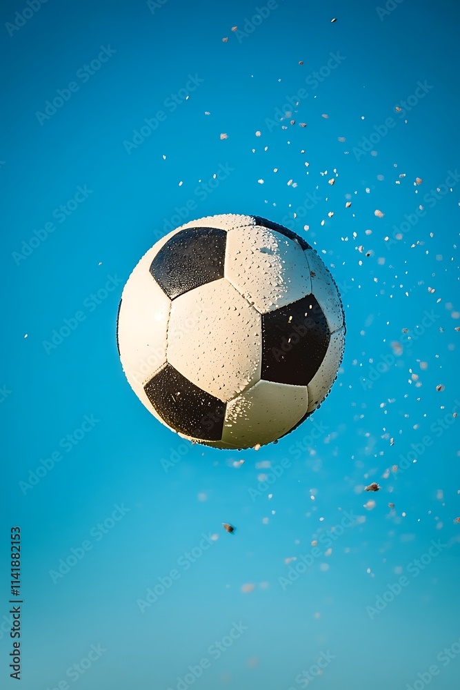 Naklejka premium Soccer Ball Being Kicked in Mid-Air Against Clear Sky 
