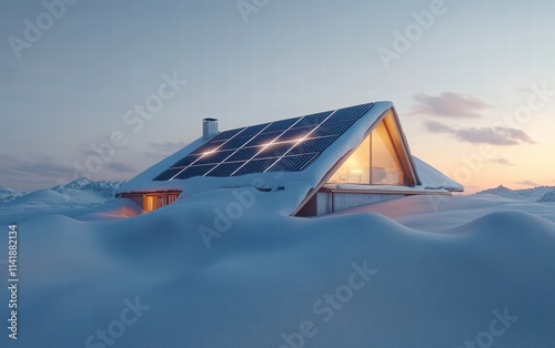 Wallpaper Mural A detailed view of a house roof with solar panels surrounded by snowdrifts, glowing gently under a clear, cold sky Torontodigital.ca