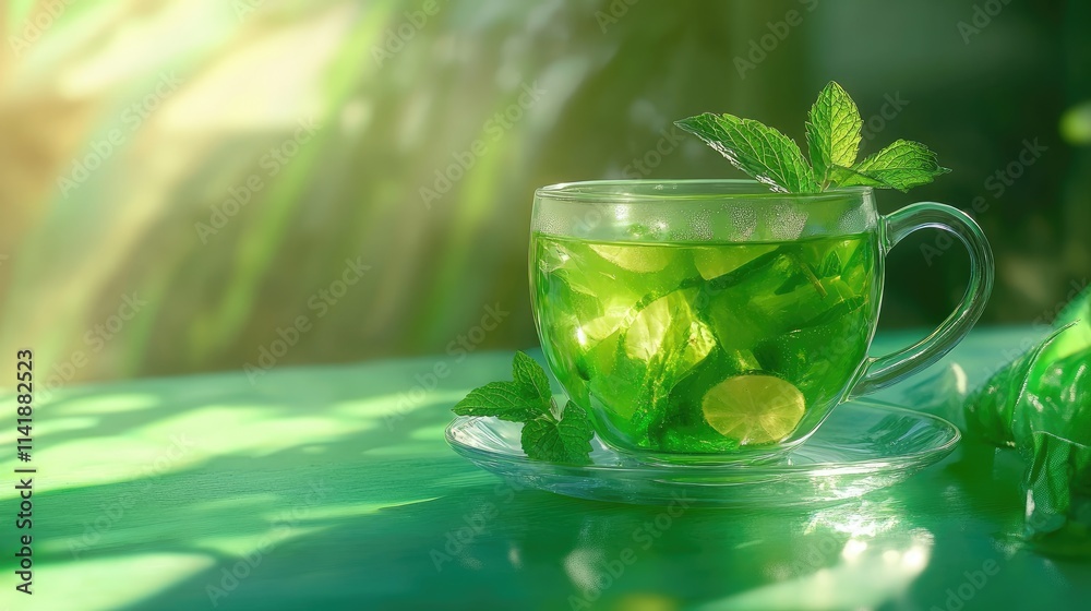 A vibrant green tea with mint leaves in a glass cup, placed on a natural green summer background, perfect for a refreshing beverage theme A vibrant green tea with mint leaves in a glass cup, placed on a natural green summer background, perfect for a refreshing beverage theme