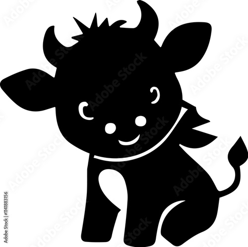 Black and white silhouette of a funny and cute cow