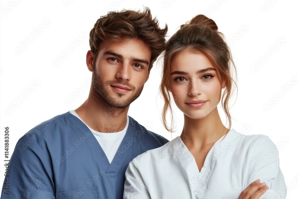 Two confident young doctors wearing scrubs posing on white background