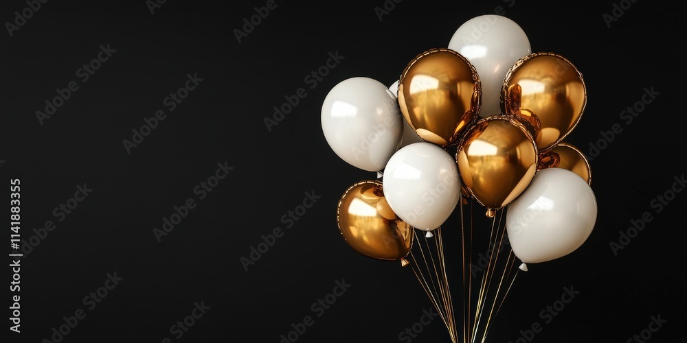 Realistic 3D Render of Gold and White Balloons Floating Against a Dark Background, Perfect for Holiday Celebrations and Events Realistic 3D Render of Gold and White Balloons Floating Against a Dark Background, Perfect for Holiday Celebrations and Events
