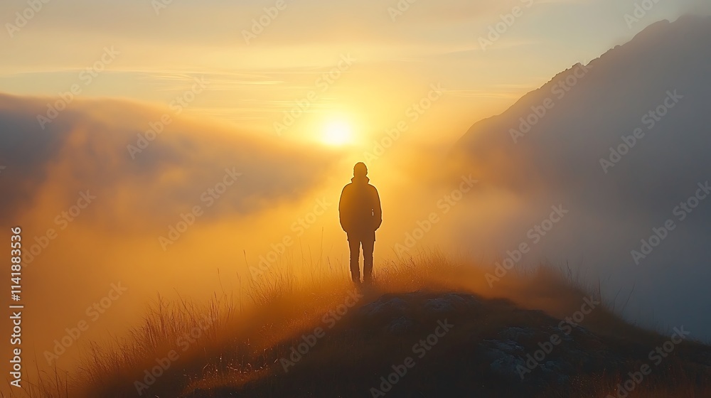 Obraz premium Solitary Figure Silhouetted Against a Misty Mountain Sunset