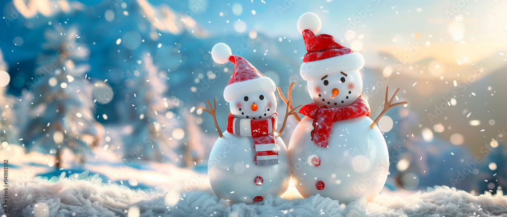 Fototapeta premium Snowmen with Austrian outfit in a beautiful winter landscape, Christmas, Tourism