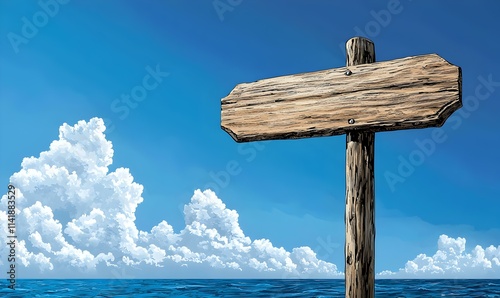 Detailed Vector Illustration of a Wooden Signpost by the Ocean photo