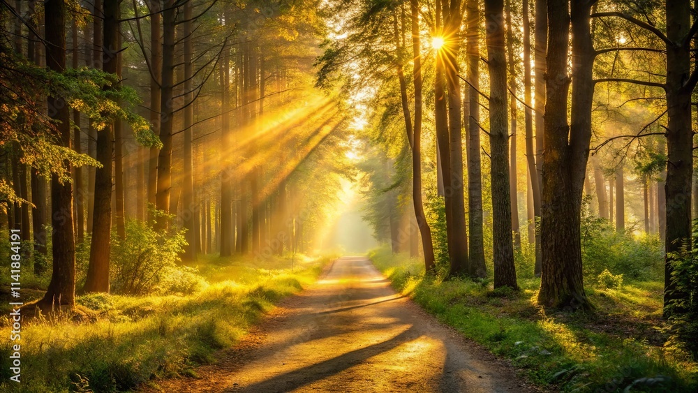 Fototapeta premium Golden Sunbeams Illuminate a Forest Path at Dawn